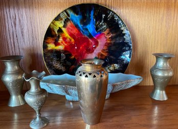 Art Plate, MCM Dish And Brass Vases