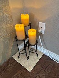 Set Of (3) Battery Operated Candles With Remote On Metal Candle Holders