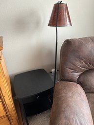Black Wooden End Table, Amazon Echo, And Floor Lamp