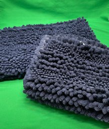 Two Navy Blue Fuzzy Bath Mats & Metal Trash Cans