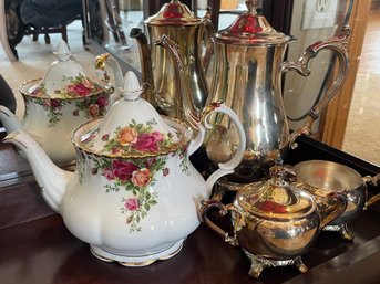 Royal Albert Old Country Roses Large  Tea Pot & Silver Plate Tea Service Set