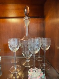 Matching Glass Wine Decanter & 5 Stemmed Glasses