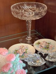 Footed Crystal Dish And Lefton Handpainted Rosebud Plates And More
