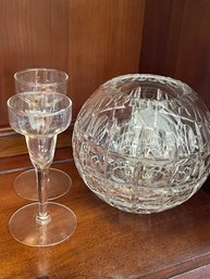 Round Cut Glass Vase And 2 Taper Candlesticks