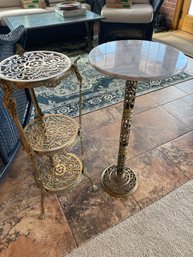 2 Brass And Marble Accent Tables/Plant Stands