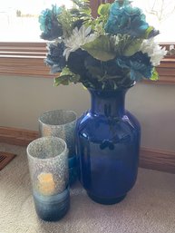 3 Large Blue Glass Vases