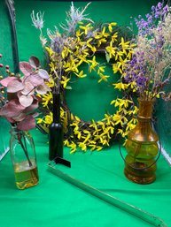 Dried Flower Arrangements In Glass Vases & Silk Forsythia Door Wreath