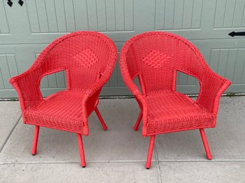 Two Brand New Brylane Home Roma Hand-Woven Resin Wicker Stacking Chairs In Coral