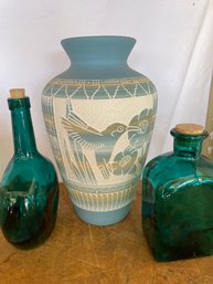Humming Bird Pottery Vase & Teal Bottles