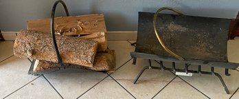 Two Metal Firewood Baskets And Cast Iron Firewood Grate