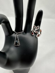 Garnet And Sterling Ring, Hematite Stone Necklace