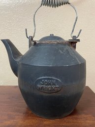 Vintage John Wright Cast Iron Kettle With Coil Wire Handle Swivel Lid