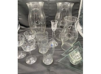 3 Clear Hurricane Lamp Shades & Lead Crystal Candlestick