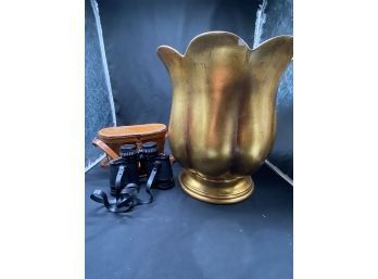 Umbrellas And Binoculars And Large Brass Pottery Planter