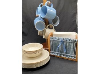 Wooden Coffee Cup Stand And Corelle Dishes