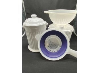 Salad Spinner, Collapsible Strainer, And Ceramic Compost Bin