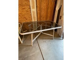 White Metal Frame And Smoke Glass Top Patio Table