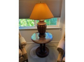 Wicker And Brass Lamp And Occasional Pedestal Table