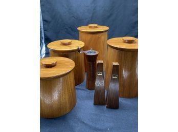 (4) Scandinavian Style Wooden Canisters, Pepper Grinder And MCM Salt & Pepper Shakers