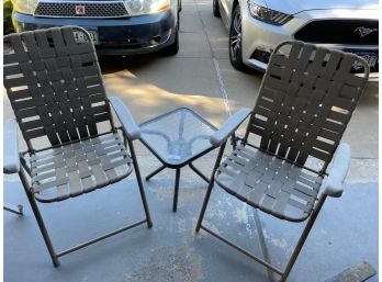 Two Lawn Folding Chairs And Glass End Table