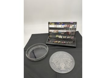 Acrylic Lidded Jewelry Box And Earring Tree Filled With Hanging And Some Post Style Earrings