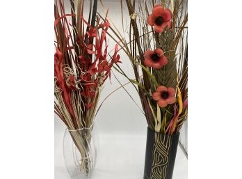 Wood Faux Flowers, 2 Arrangements, 1 Black Carved Wood, 1 Sculpted Glass