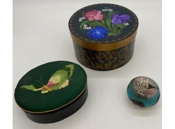Three Round Decorative Containers Of Wood And Pottery