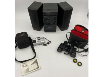 Pentax IQZoom 145M Super Film Camera, And Sans & Streiffe Binoculars, Emerson Stereo