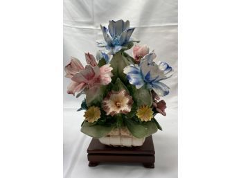 Italian Capodimonte Porcelain Floral Centerpiece & Four Carved Wooden Stands
