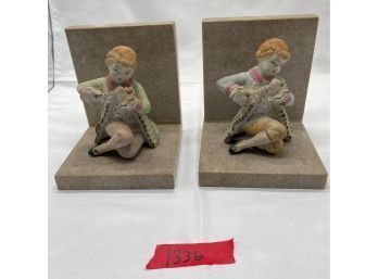 Bisque Porcelain & Marble Bookends Of Boys Playing Flutes (2)