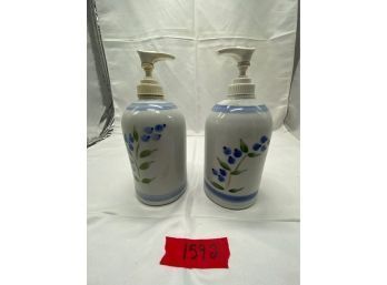 Two Ceramic Dispensers Handpainted W/Stylized Blueberry Motif Design From Wiscasset, ME