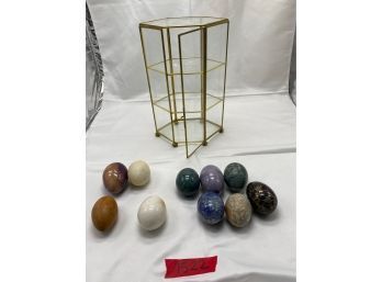 Glass Curio Case And Decorative Eggs