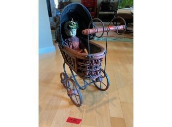 Small Antique Baby Doll Stroller With Porcelain Doll.