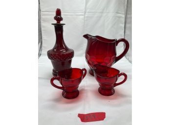 Red Glass Pitcher, Carafe, Creamer & Sugar Bowl (matches Item 1398)