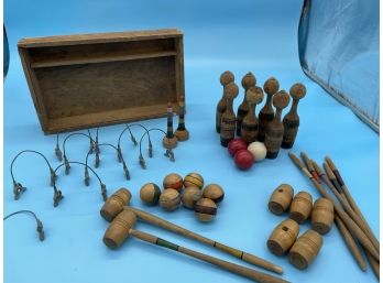 Antique Miniature Tabletop Croquet & 7 Pin Bowling Set