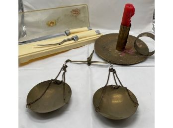 Candle With Handle, Brass Scale, And Carving Set By Briddell