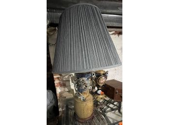Sculpted Stoneware And Wood Lamp With Shade