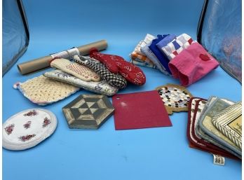 Lot Of Potholders, Kitchen Towels And Aprons