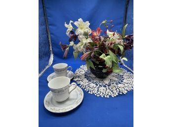 Silk Flower Arrangement And Tea Cups