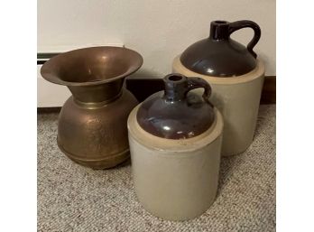 Antique Two Tone Stoneware  Crock Jugs And Spittoon