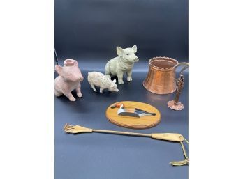 Stone Pigs With Copper Candle Holder And Pot