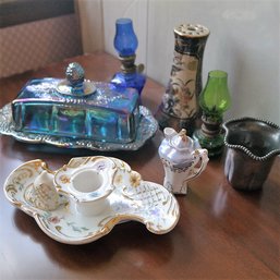 Lot29-1673 Carnival Glass Butter Dish, Hat Pin Holder, Candle Holder & Snuffer, More