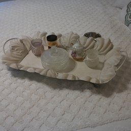 Lot54-1698 Metal Tray 25x15x3, Vintage Covered Candy Dish 6in, Vintage Sugar Bowl & More