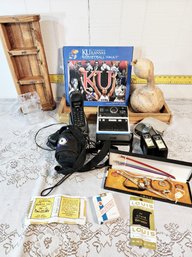 #271 KU Basketball History Book - Old Cameras - Vntg Louis Watch - Cigarettes - Wood Holder 20x8x2 & More