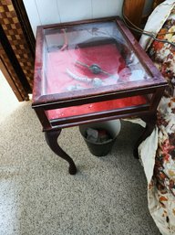 #394 Glass Display End Table With Contents 17x22x24 - IN BASEMENT