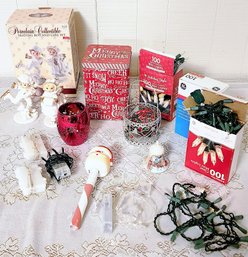 #80 Porcelain Skating Pair, Christmas Tin, Candle Holder & Lights