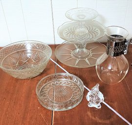 #83 3 Tiered Plate Server, Carafe, Crystal Bowls, Clown