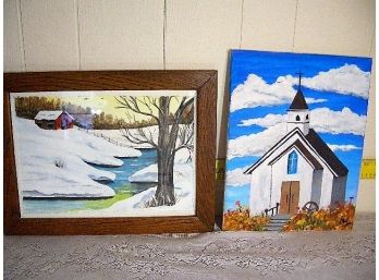 #192 NMW Original Artwork - Watercolor Snowy Barn 16x13, Acrylic Church 14x11