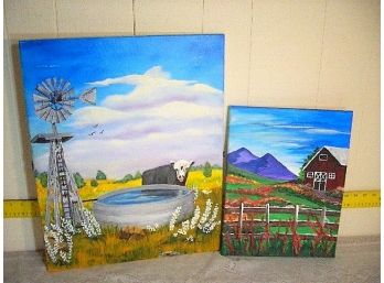 #197 NMW Original Acrylic Paintings - Windmill 20x16, Barn 14x11