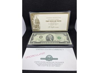 US Monetary Exchange Authentic Uncirculated 2003 $2 Two Dollar Note